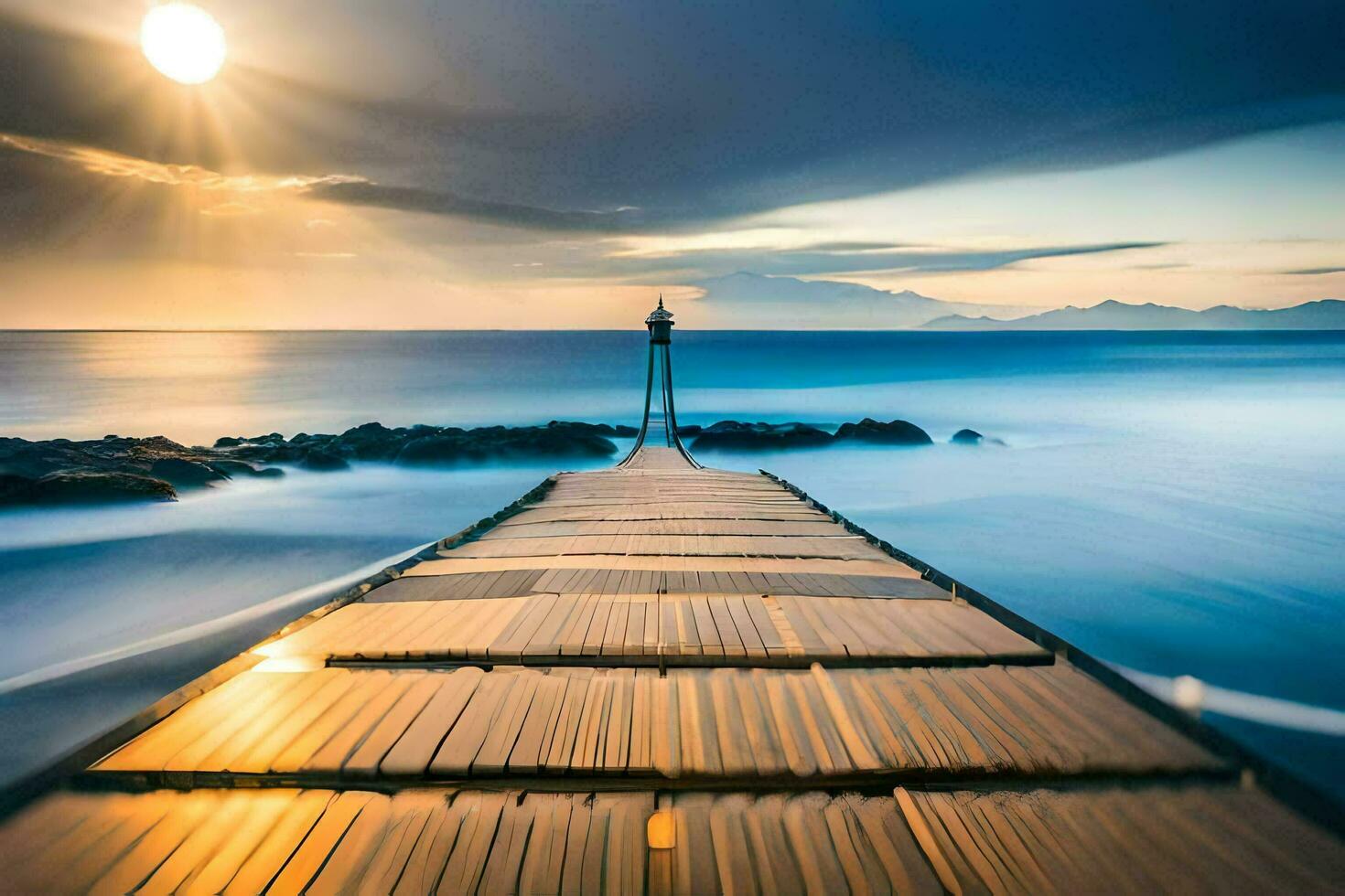 a wooden pier stretches out into the ocean at sunset. AI-Generated photo