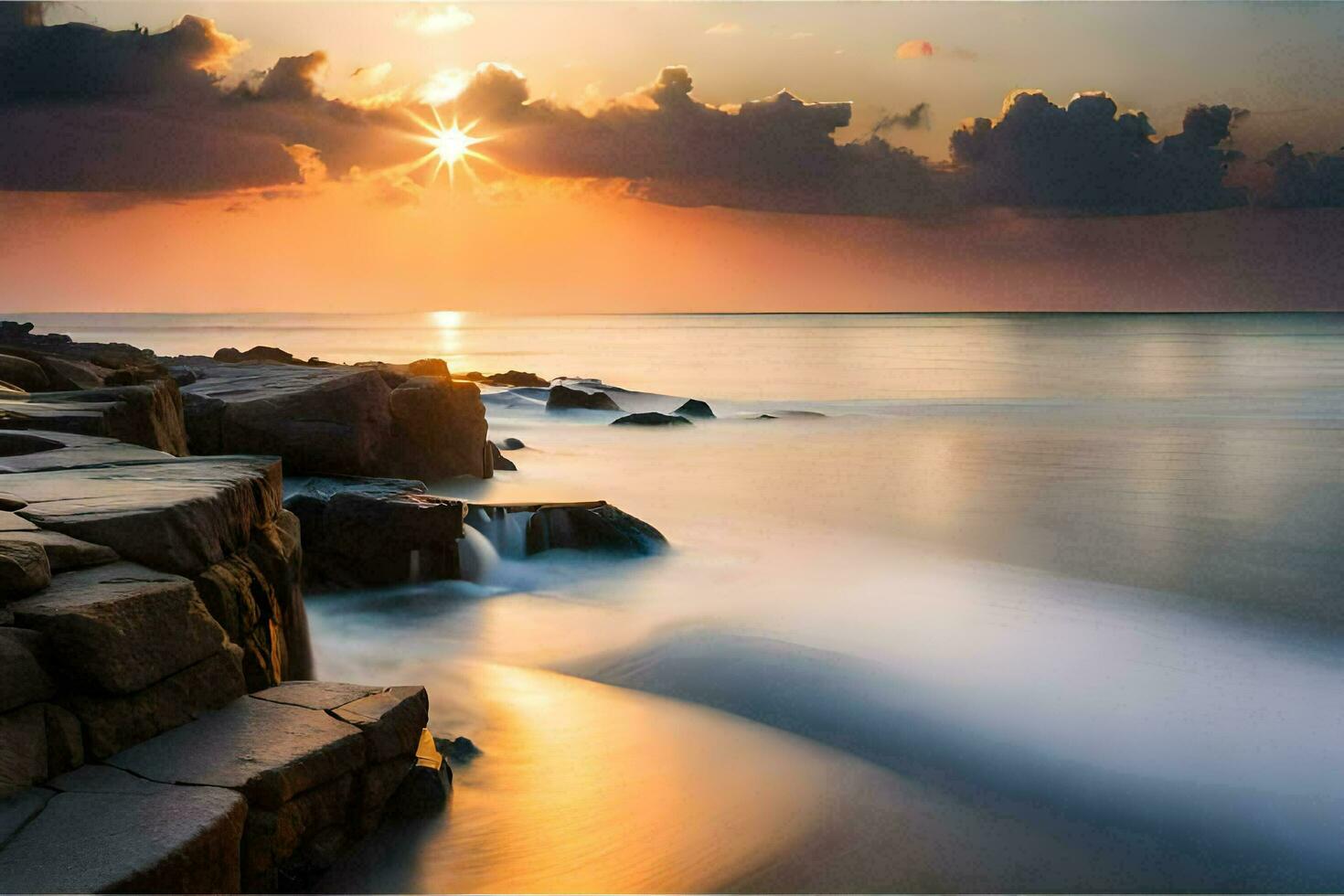 sunset over the ocean with rocks and water. AI-Generated photo