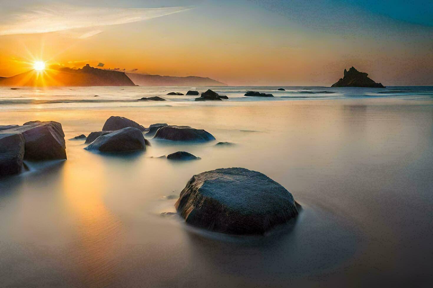 the sun sets over the ocean and rocks. AI-Generated photo