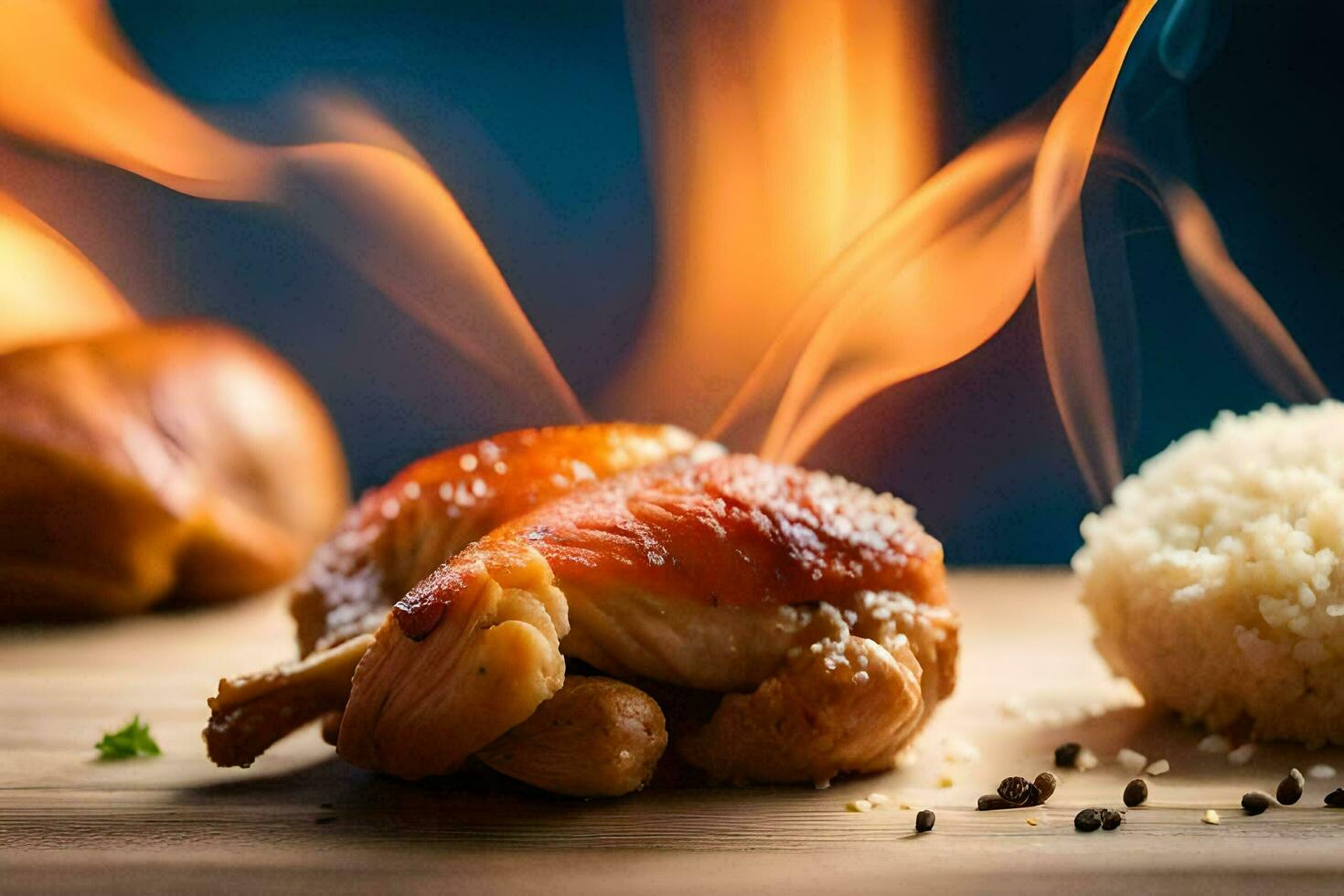 a piece of chicken on a wooden cutting board with rice and spices. AI-Generated photo