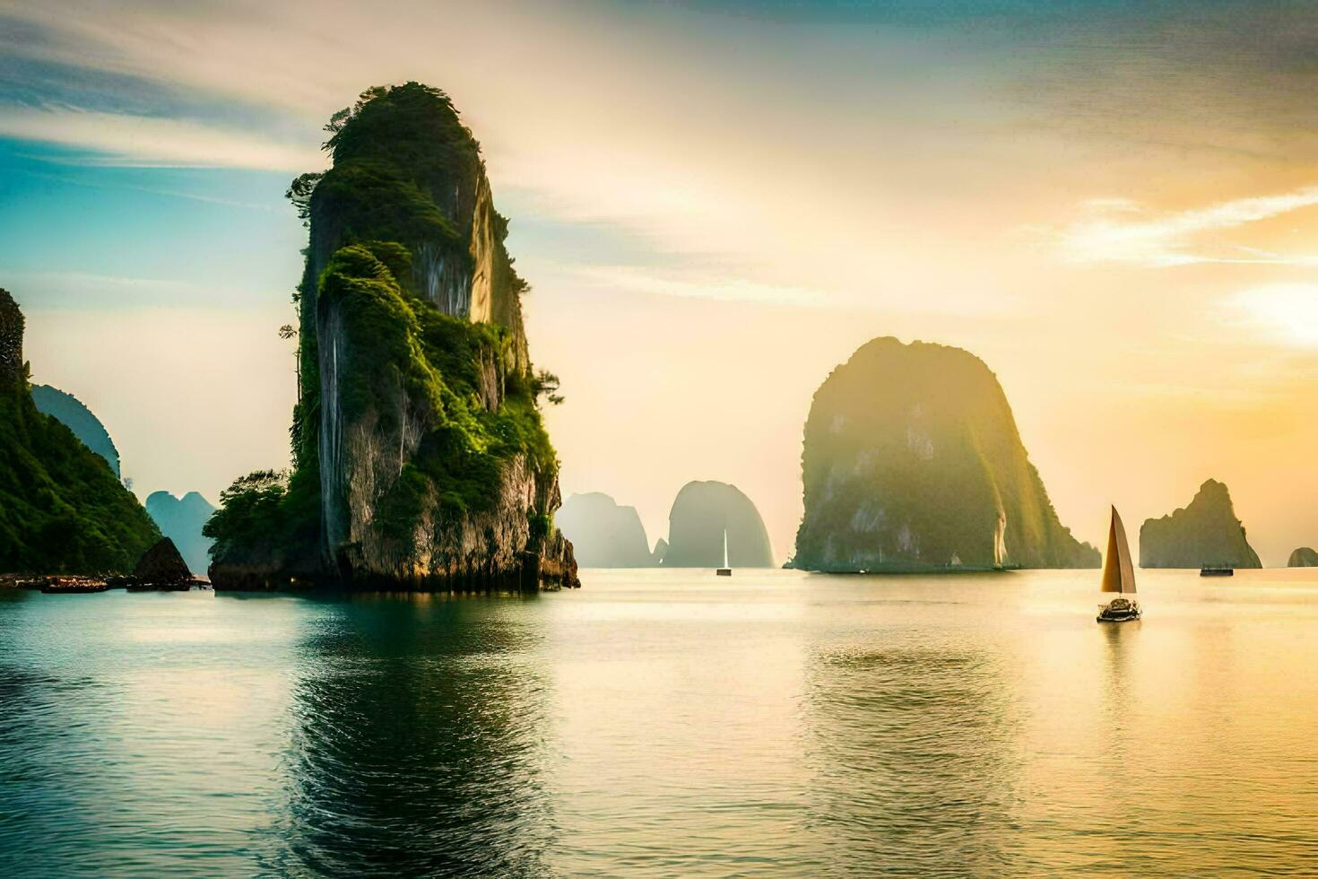 el amanecer terminado halong bahía, Vietnam. generado por ai foto