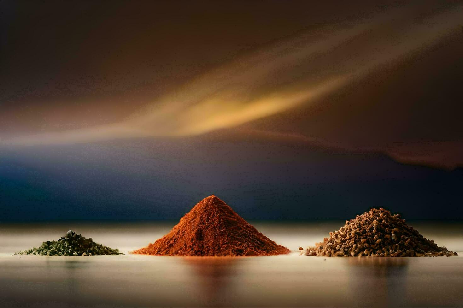 three different types of spices are shown in front of a mountain. AI-Generated photo