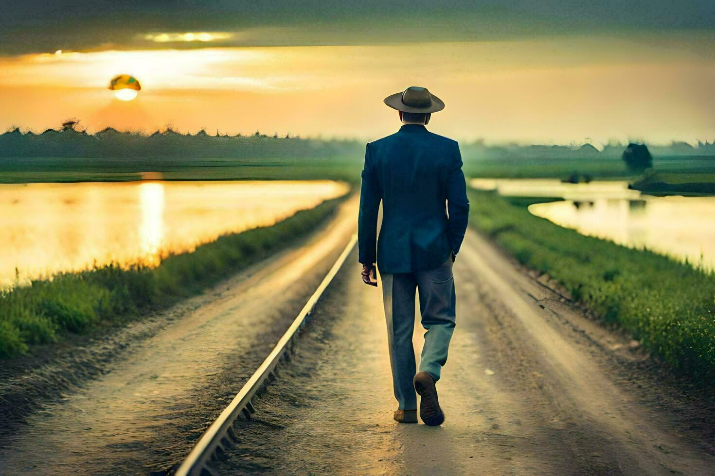 a man in a suit and hat walks down a road at sunset. AI-Generated photo