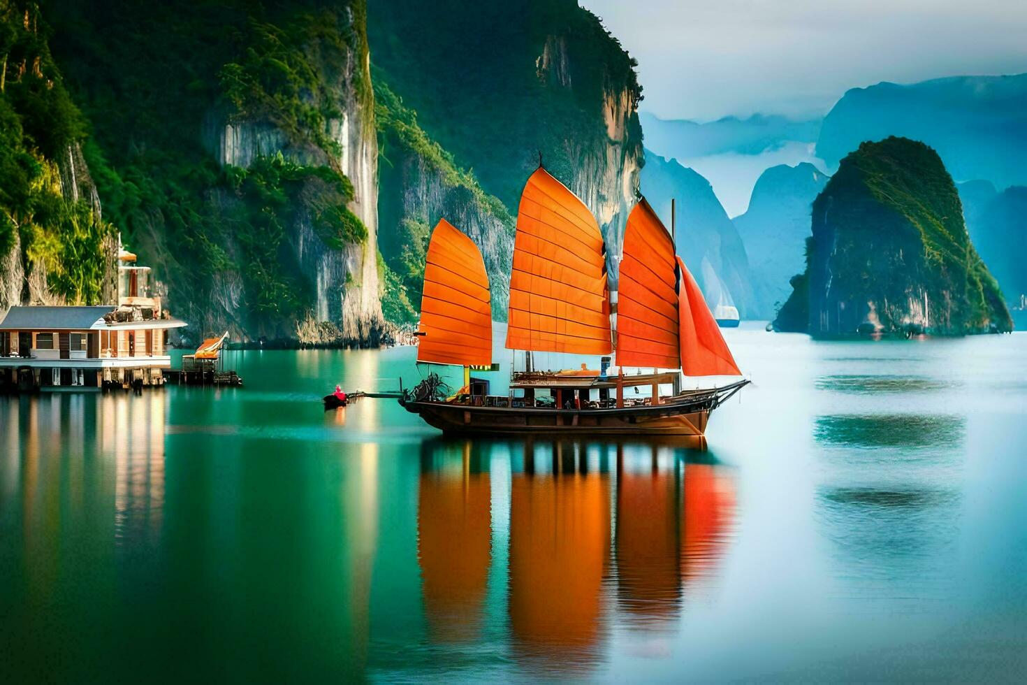 a boat with a red sail in the water. AI-Generated photo