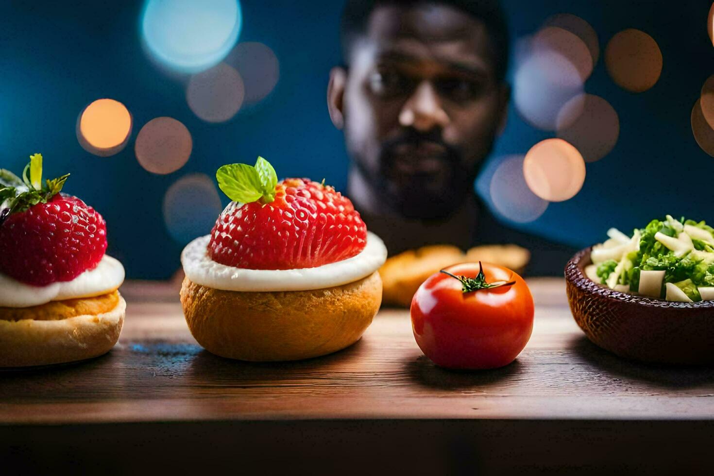 a man is standing in front of four different desserts. AI-Generated photo