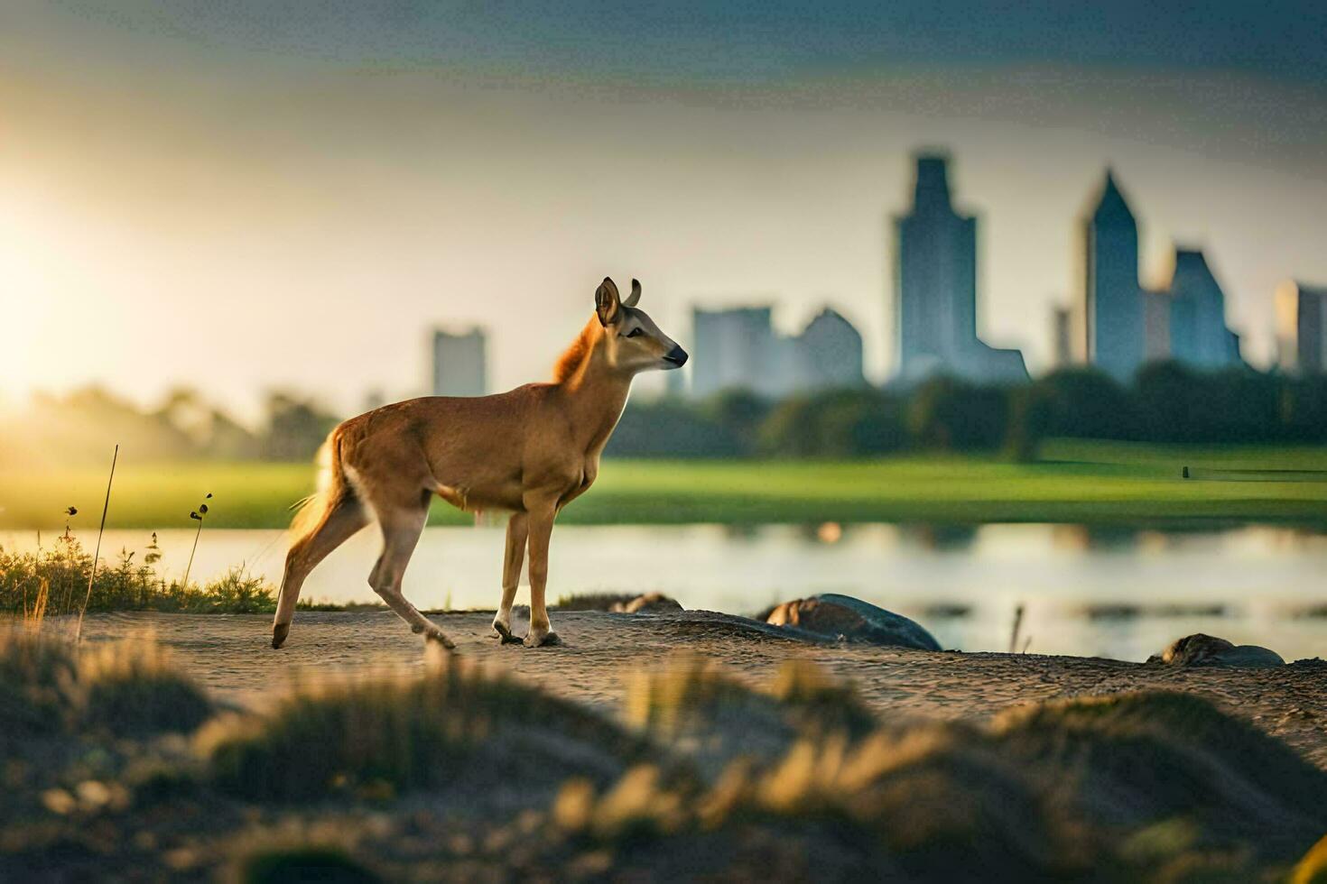 a deer stands in front of a city skyline. AI-Generated photo