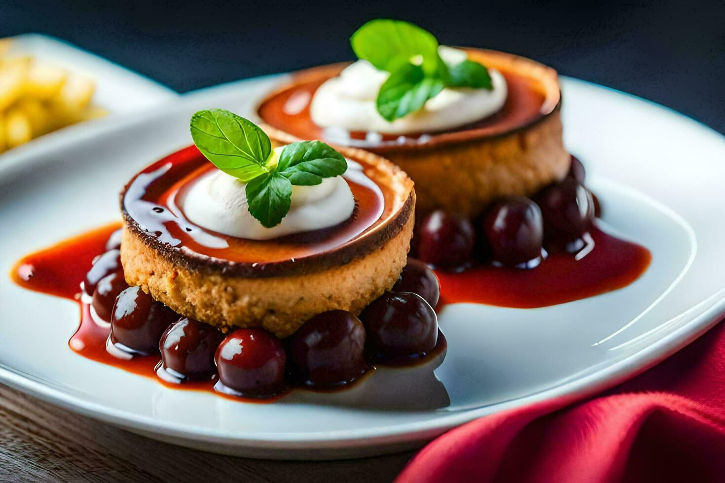 two desserts on a plate with sauce and cheese. AI-Generated photo