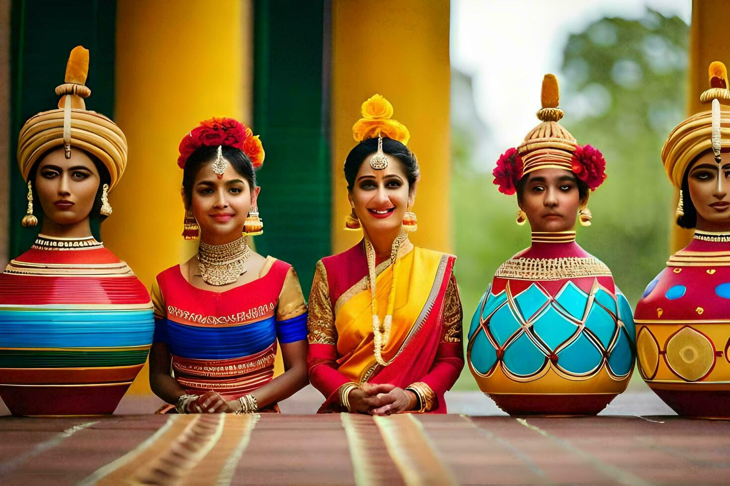 cuatro mujer en tradicional indio disfraces generado por ai foto