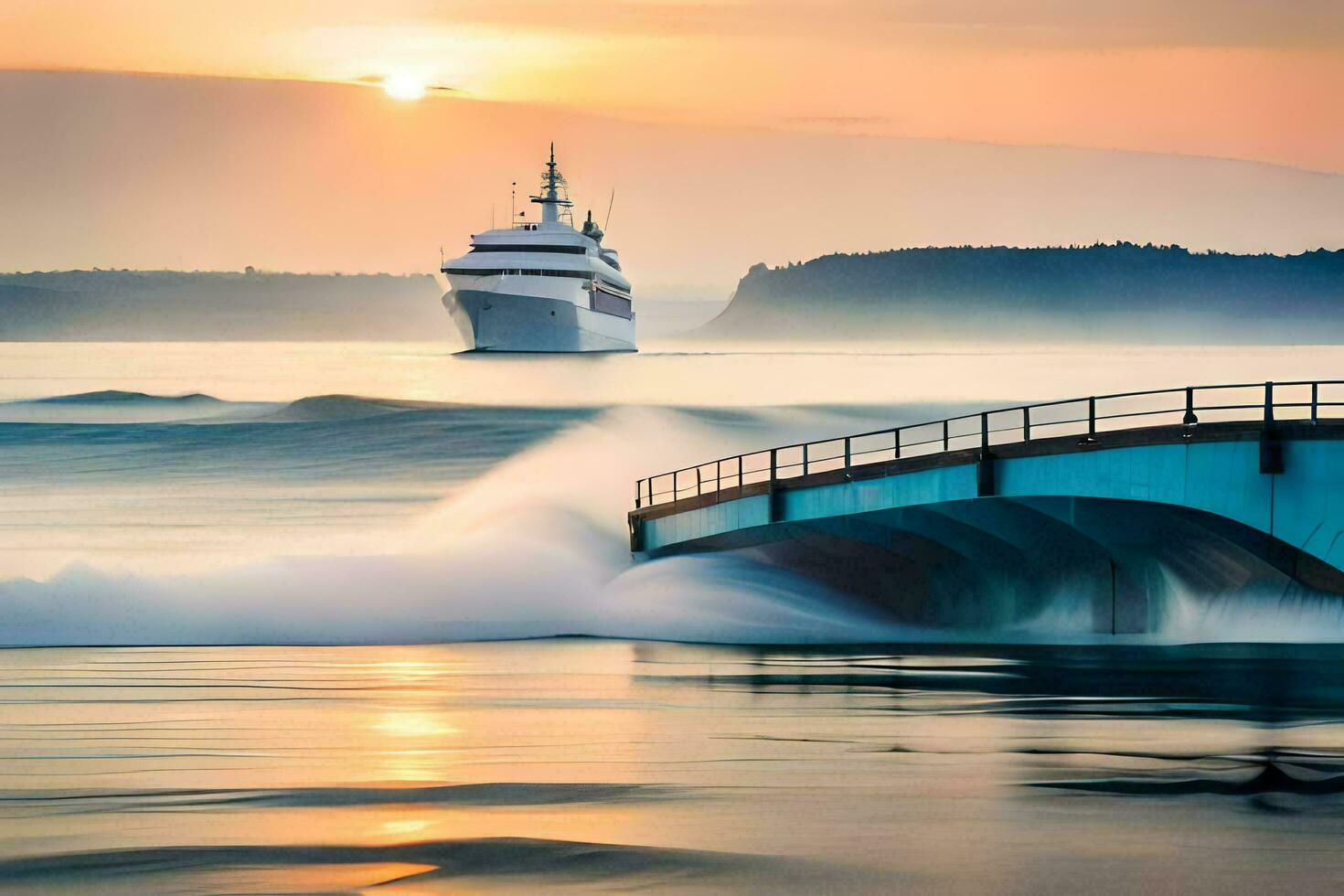 a cruise ship in the ocean at sunset. AI-Generated photo