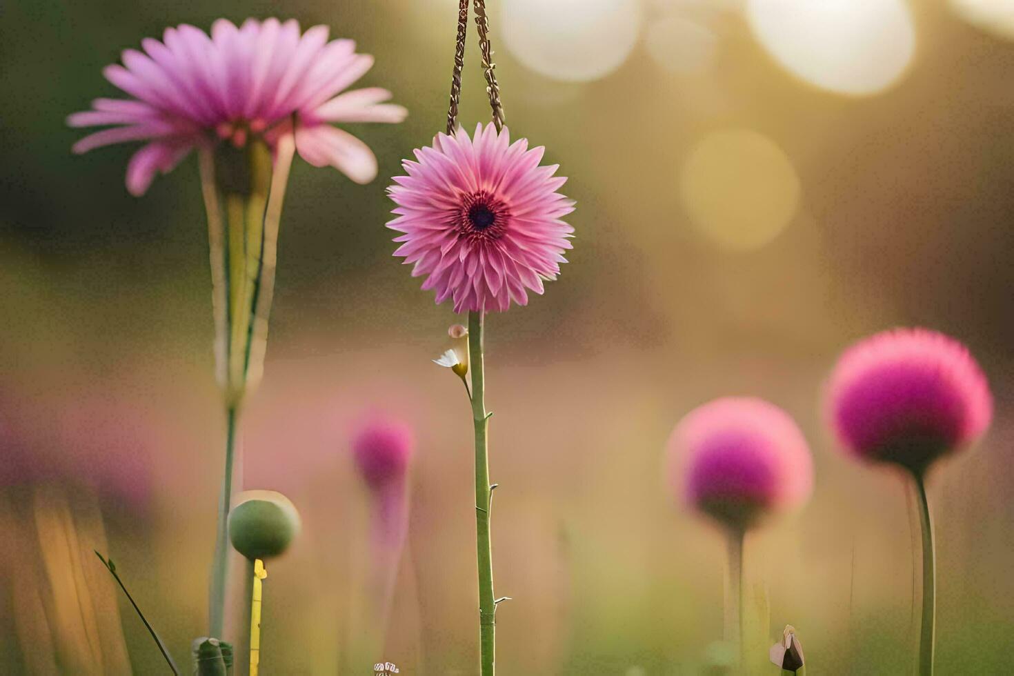 pink flowers in a field with sun shining. AI-Generated photo