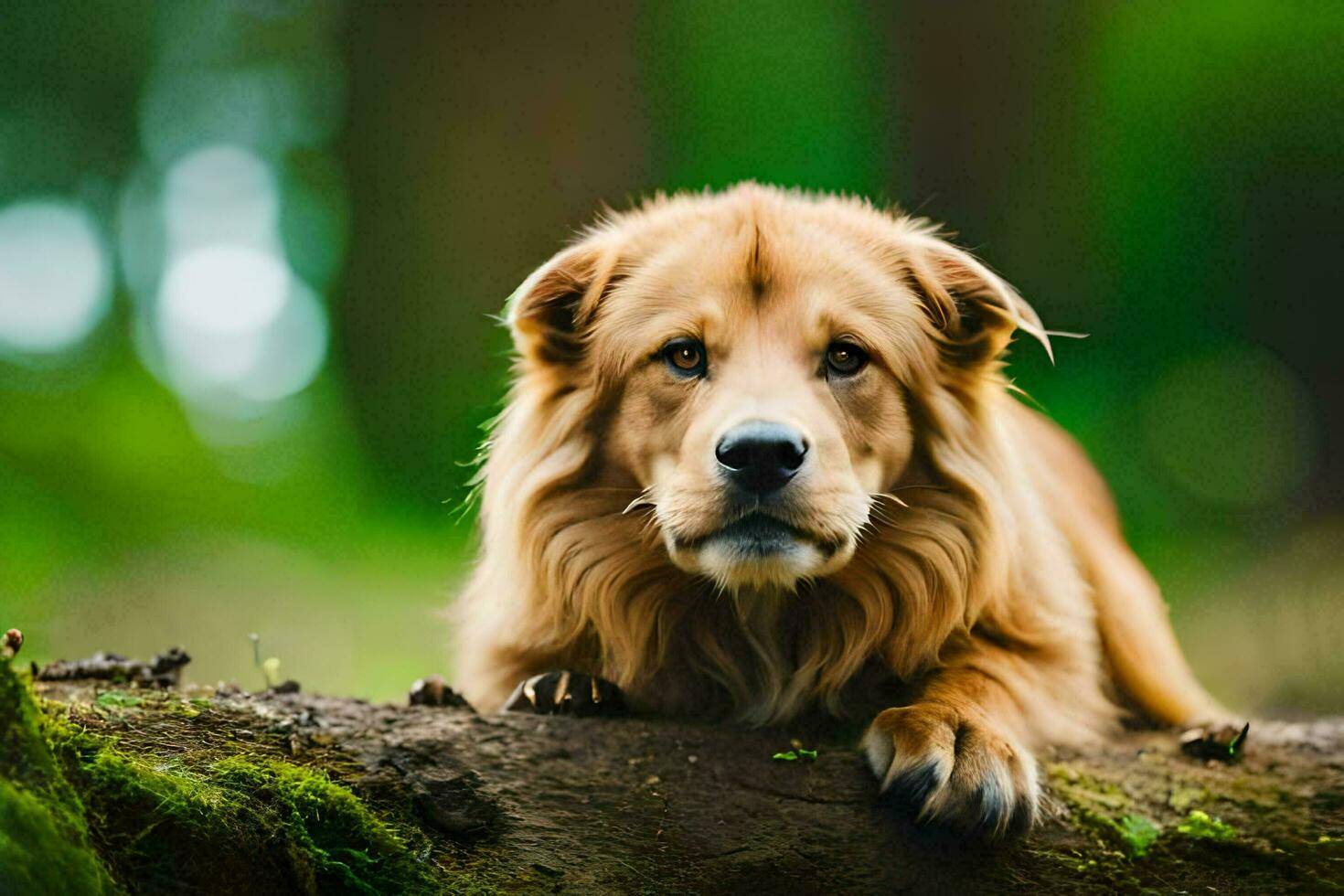 a golden dog laying on a log in the woods. AI-Generated photo