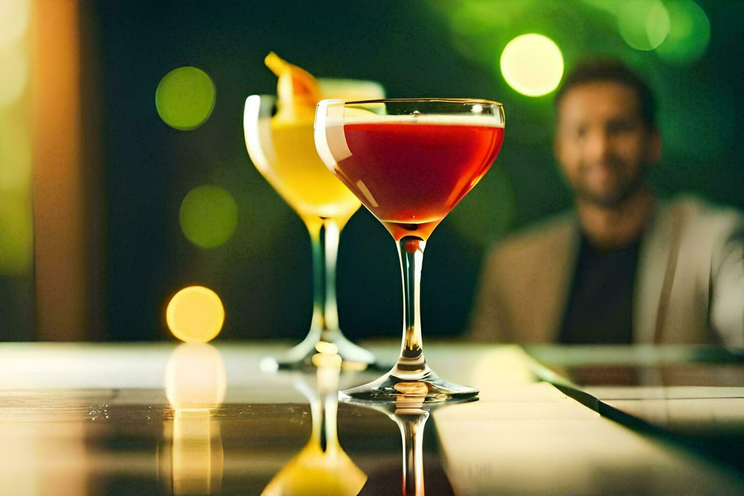 two glasses of cocktails on a bar. AI-Generated photo