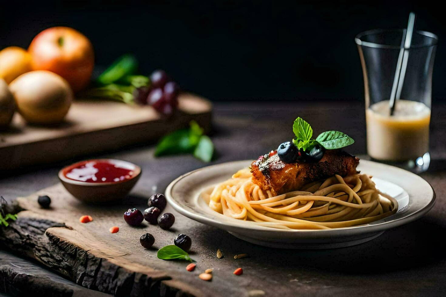 espaguetis con carne y vegetales en un de madera mesa. generado por ai foto