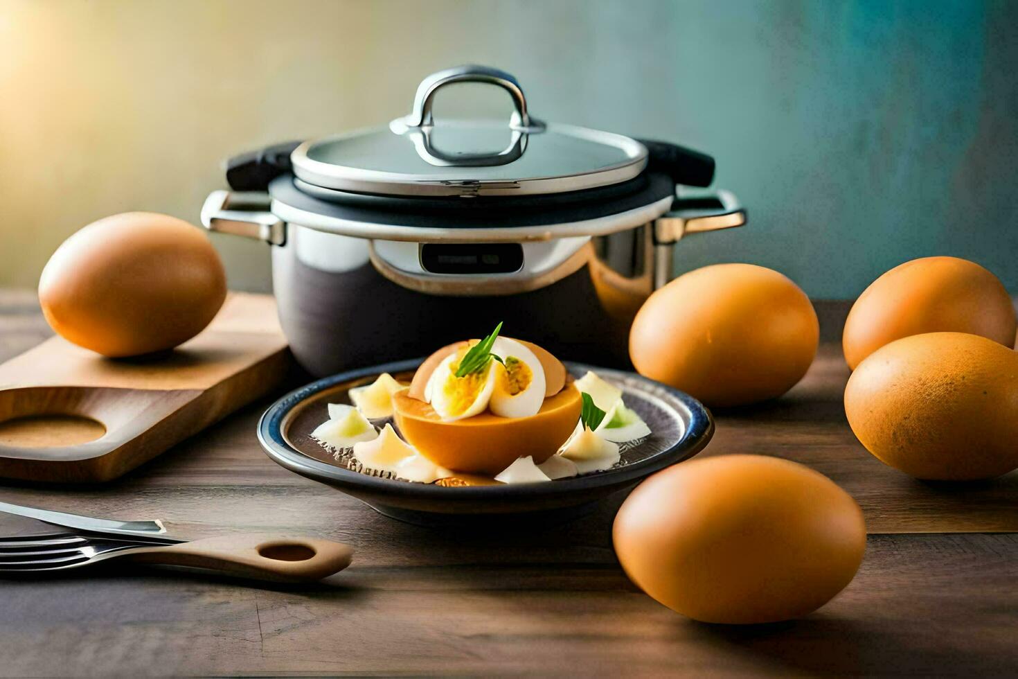 eggs in a bowl next to a pot and knife. AI-Generated photo