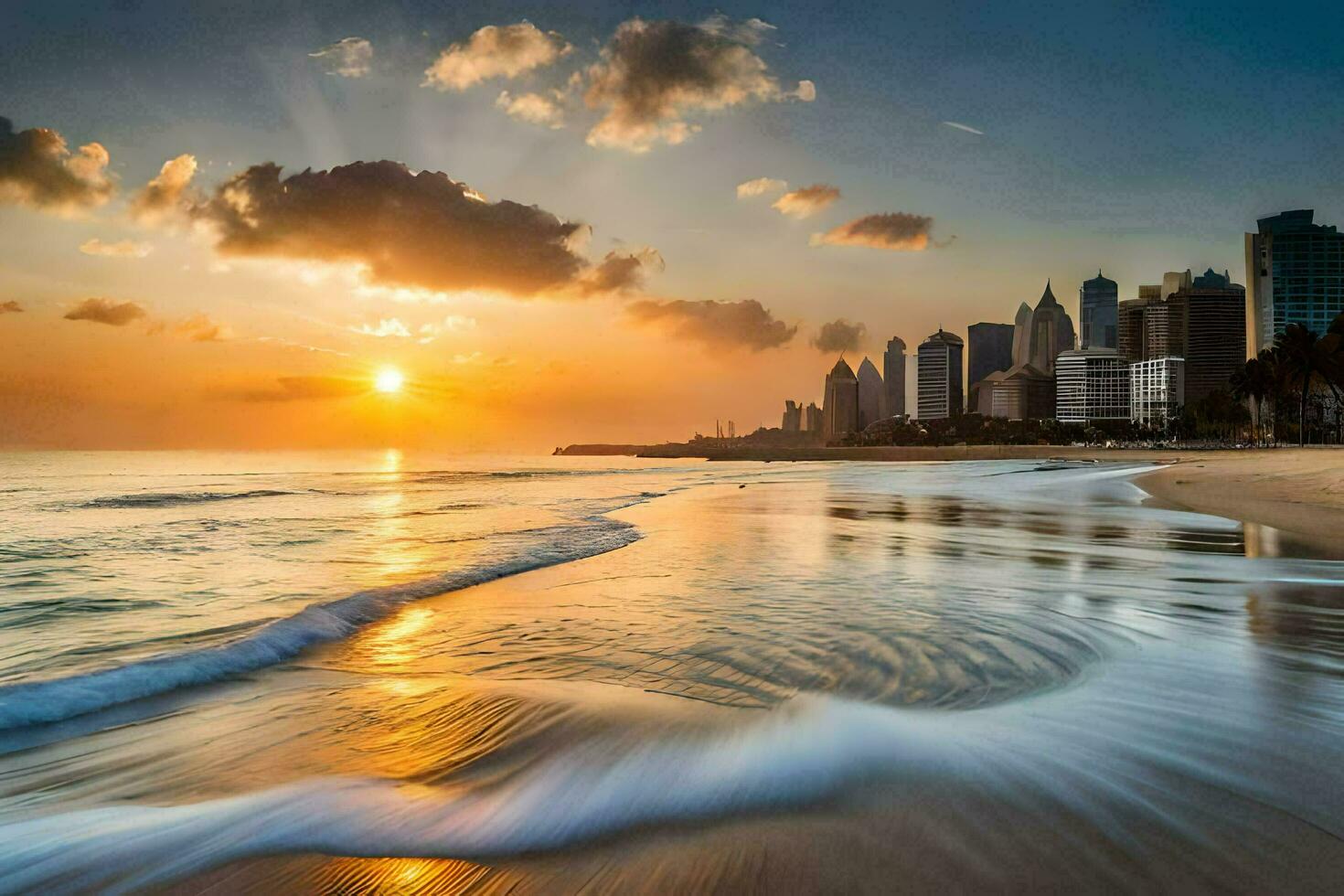 the sun sets over the city skyline in dubai. AI-Generated photo