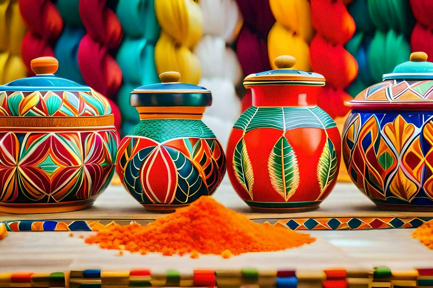 colorful painted jars and spices on a table. AI-Generated photo