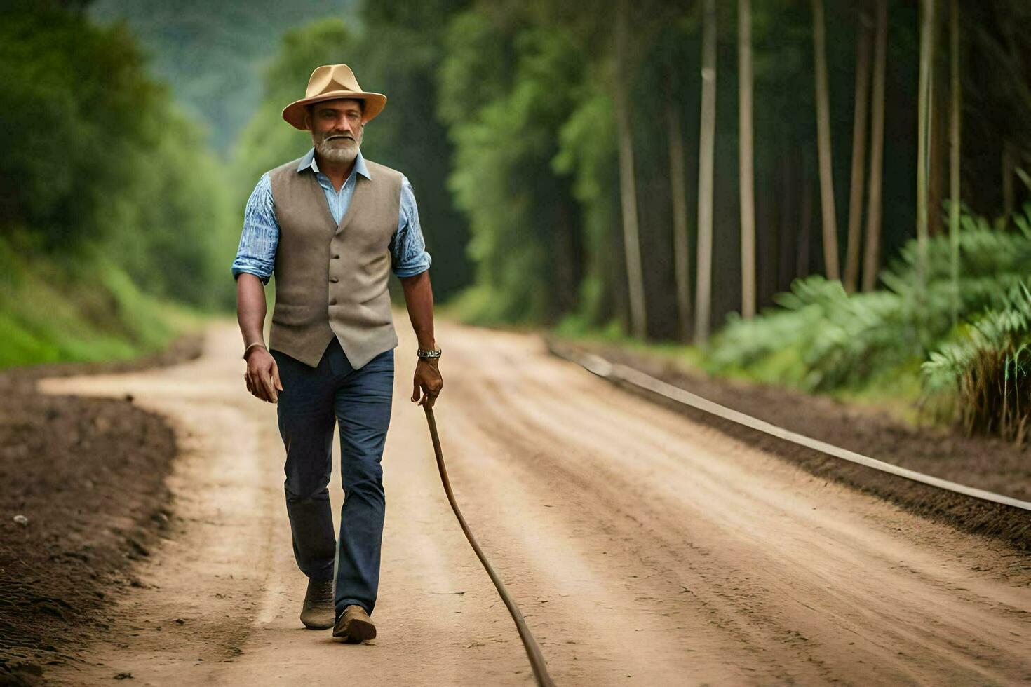 un hombre caminando en un suciedad la carretera con un perro. generado por ai foto