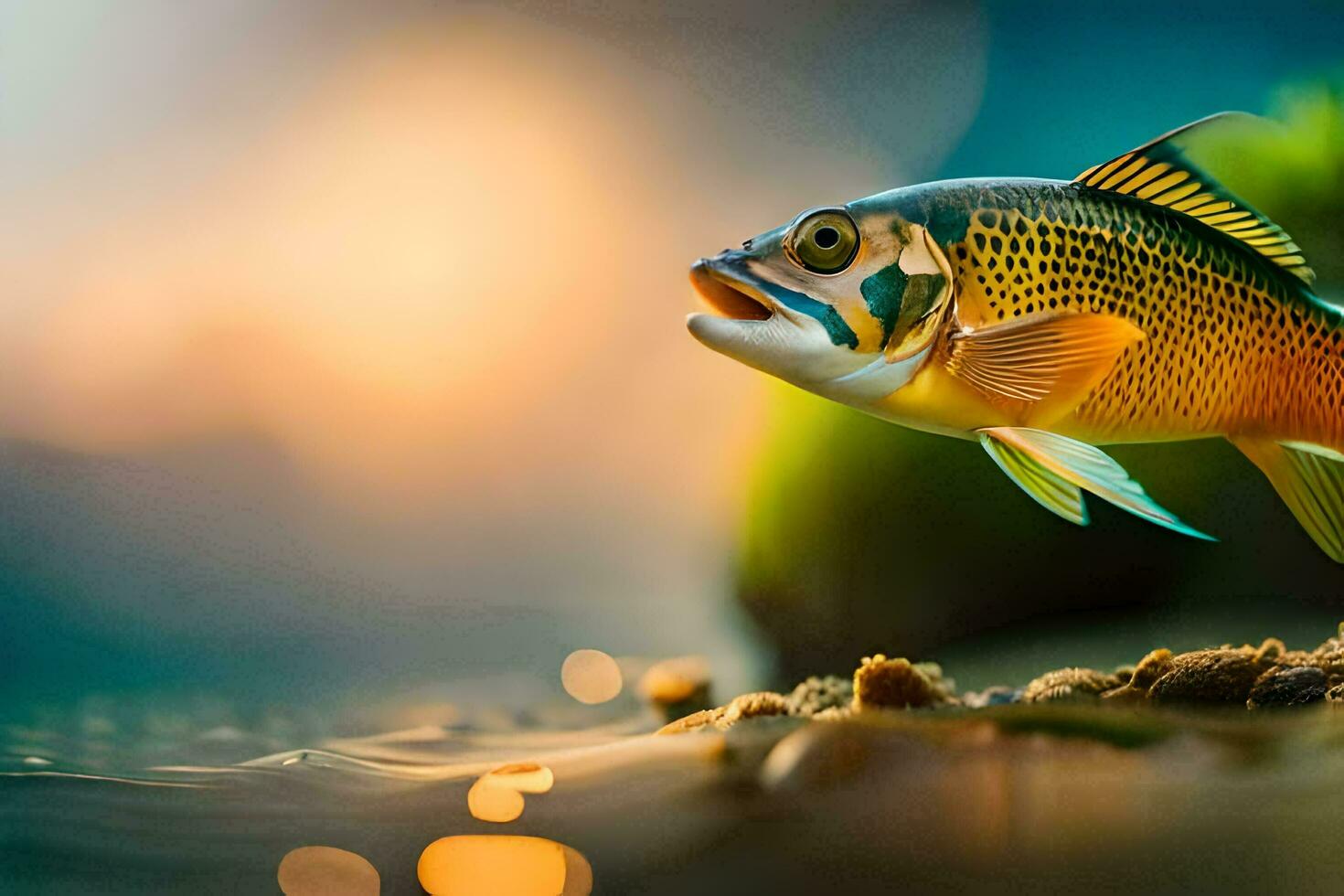 un pescado es en pie en el agua con un brillante ligero. generado por ai foto