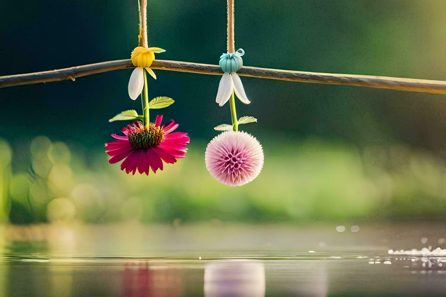 two flowers hanging from a rope over water. AI-Generated photo