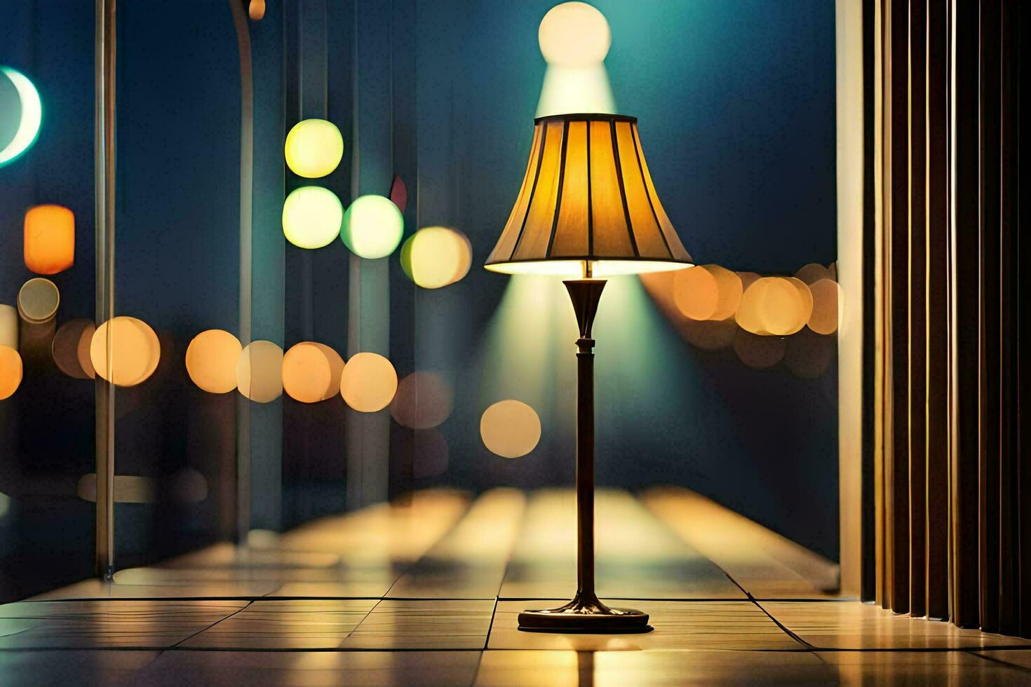 a lamp is sitting on a table in front of a window. AI-Generated photo