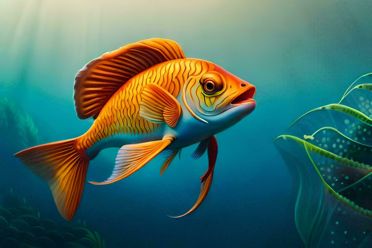 a fish swimming in the ocean with a green plant. AI-Generated photo