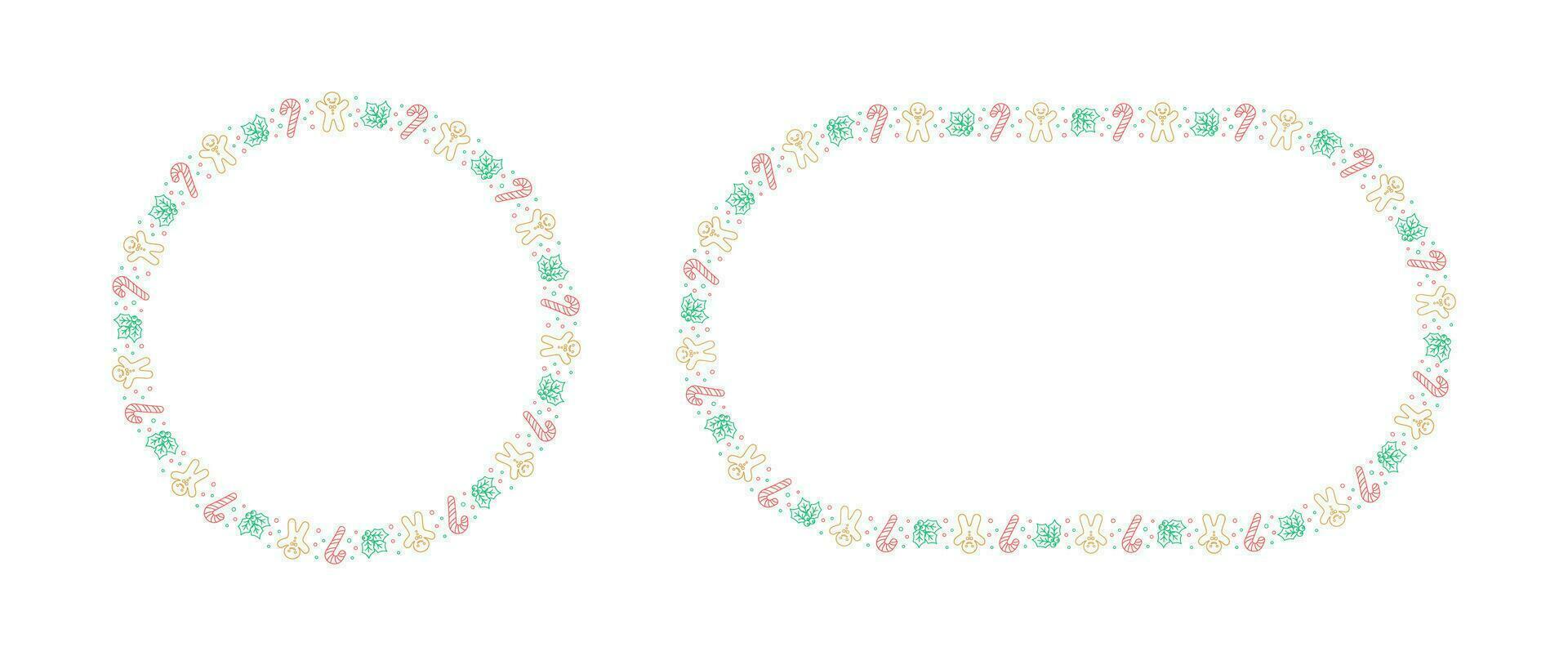 Round Christmas Frame Border set. Gingerbread Cookies, Candy Cane and Mistletoe Pattern Winter Holiday Graphics. Social media post template on white background. Vector illustration.