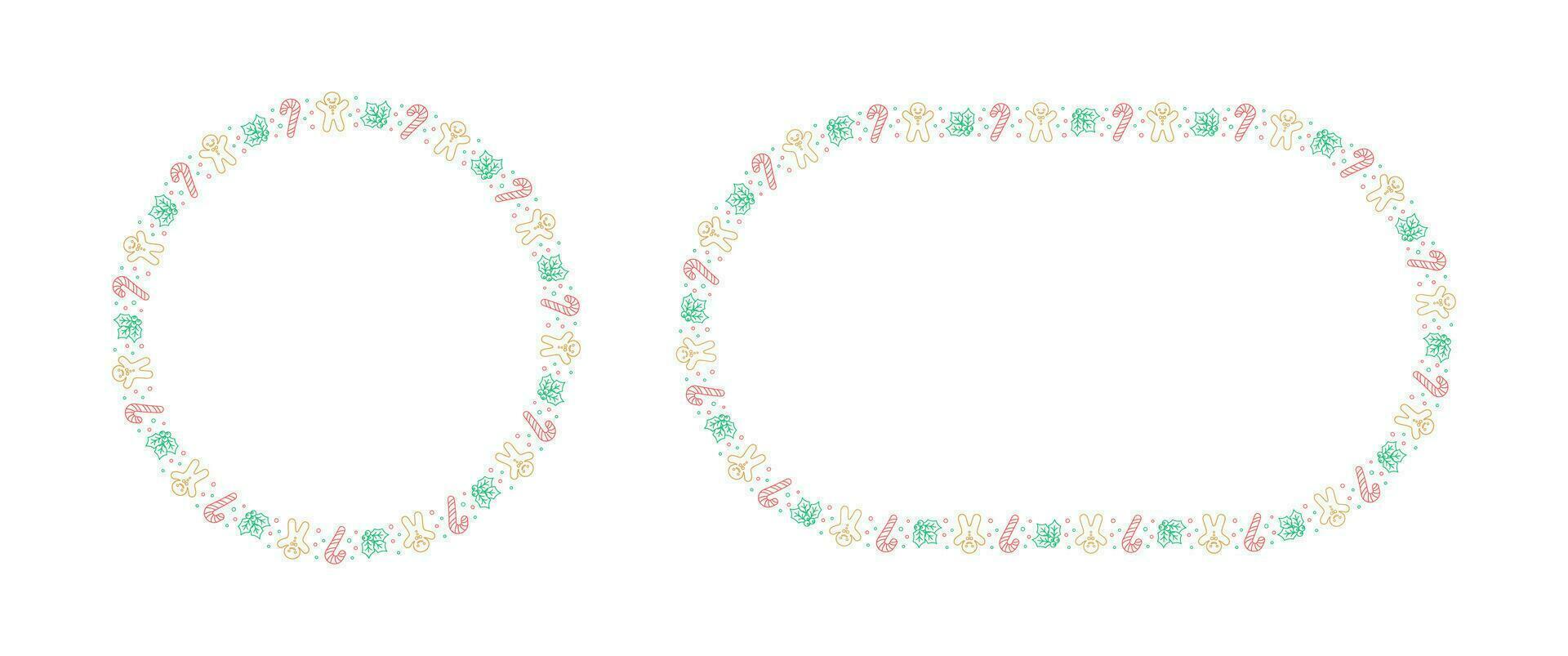 Round Christmas Frame Border set. Gingerbread Cookies, Candy Cane and Mistletoe Pattern Winter Holiday Graphics. Social media post template on white background. Vector illustration.