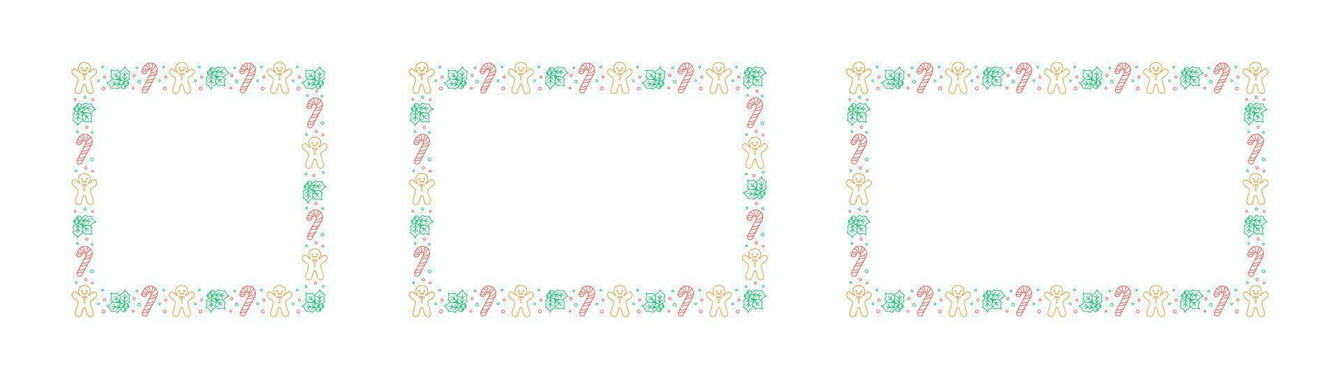 Square and Rectangle Christmas Frame Border Set. Gingerbread Cookies, Candy Cane and Mistletoe Pattern Winter Holiday Graphics. Social media post template, vector illustration.