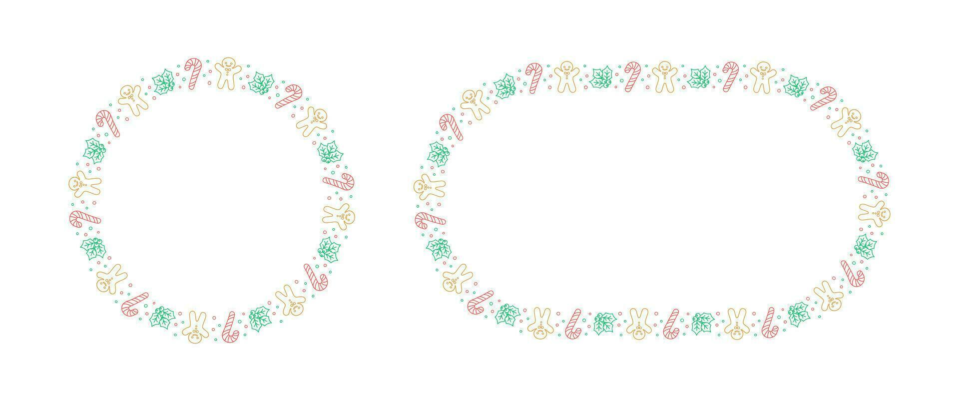 Round Christmas Frame Border set. Gingerbread Cookies, Candy Cane and Mistletoe Pattern Winter Holiday Graphics. Social media post template on white background. Vector illustration.