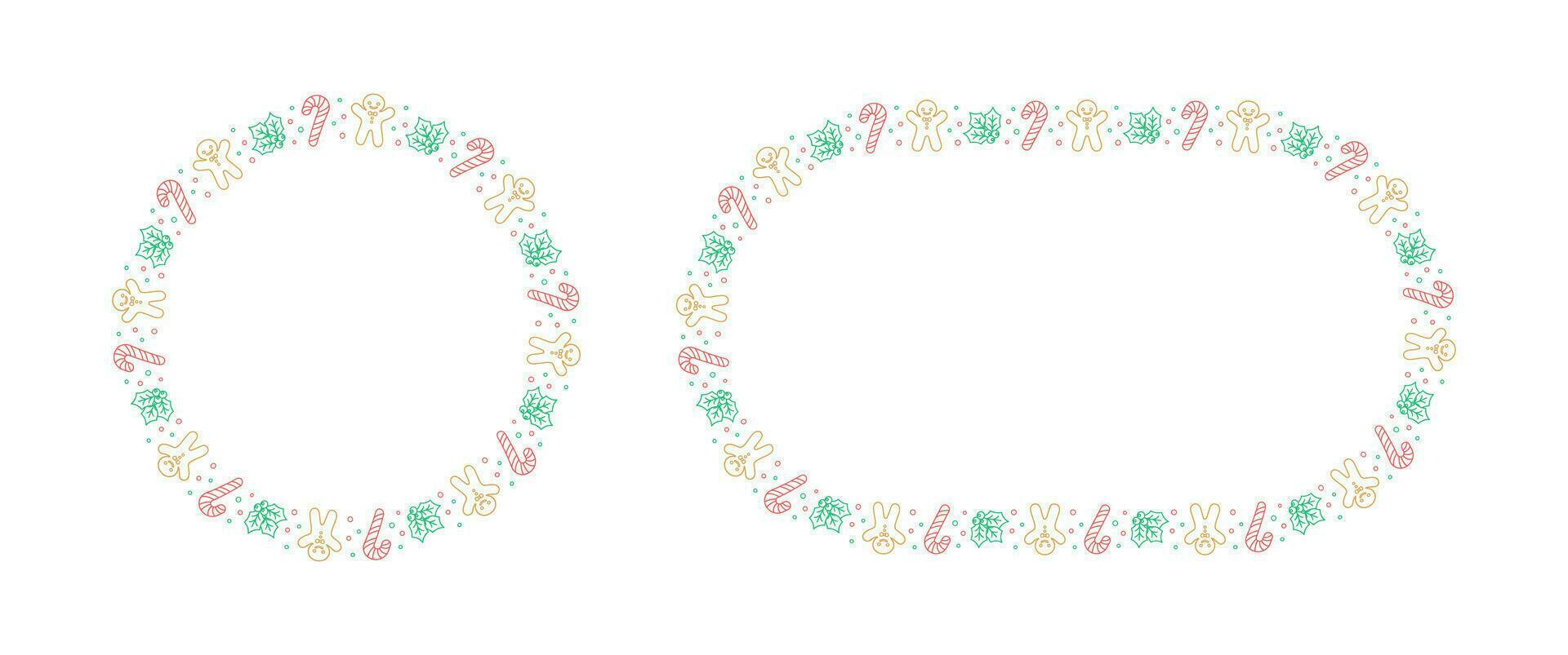 Round Christmas Frame Border set. Gingerbread Cookies, Candy Cane and Mistletoe Pattern Winter Holiday Graphics. Social media post template on white background. Vector illustration.