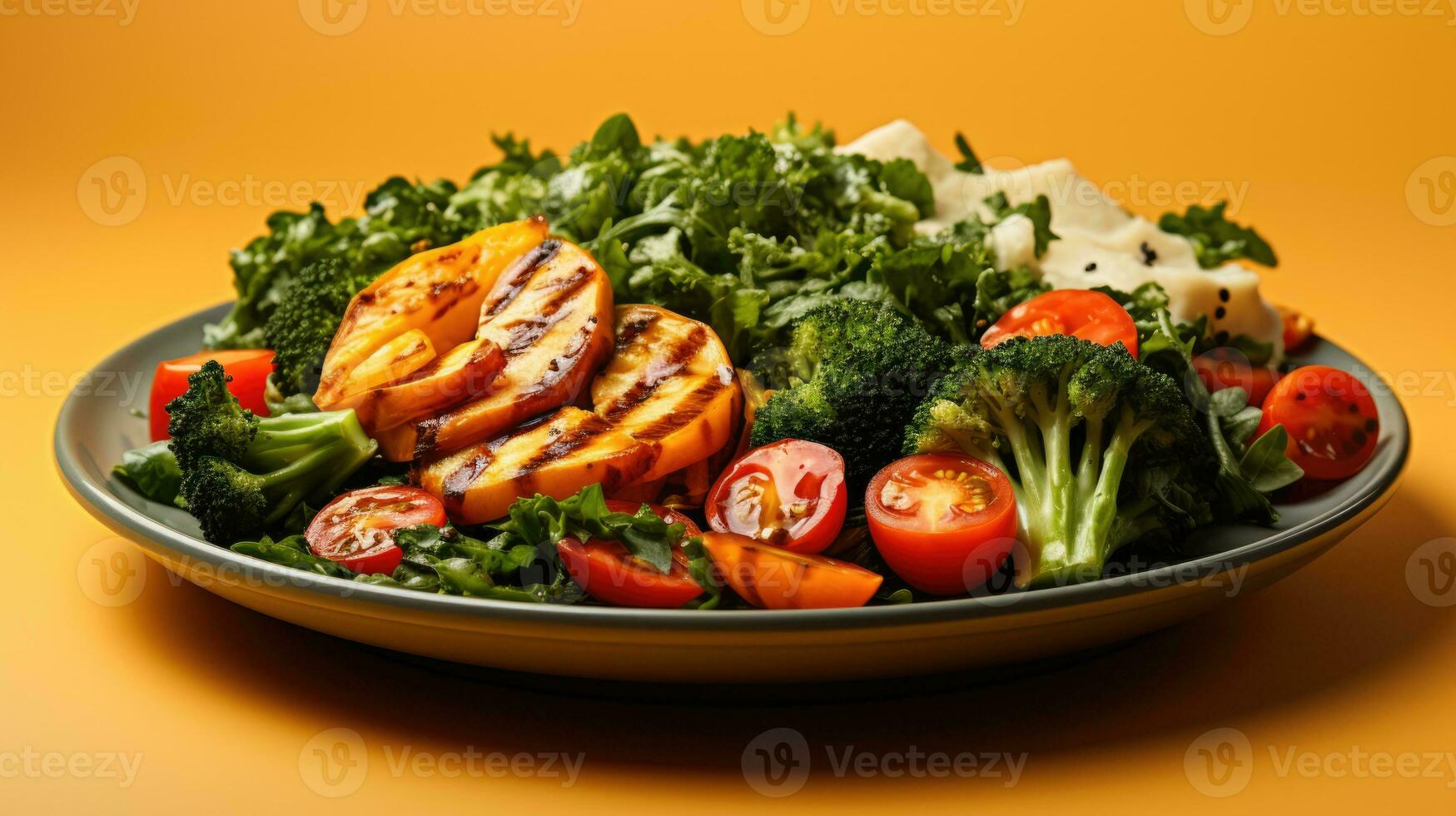 A nutritious diabetic friendly meal with vegetables isolated on a gradient background photo