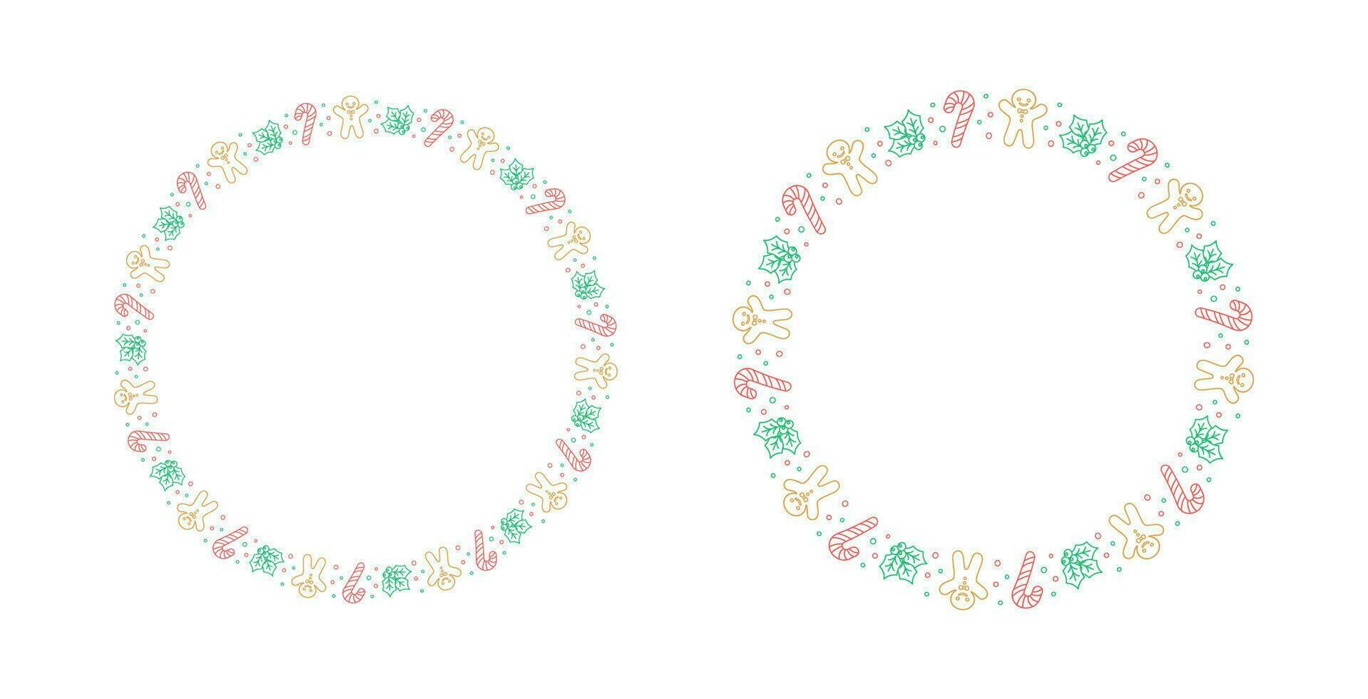 Round Christmas Frame Border. Gingerbread Cookies Set, Candy Cane and Mistletoe Pattern Winter Holiday Graphics. Social media post template on white background. Vector illustration.