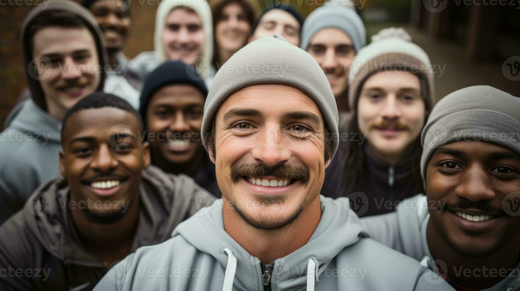 Movember themed group bike ride diverse participants background with empty space for text photo