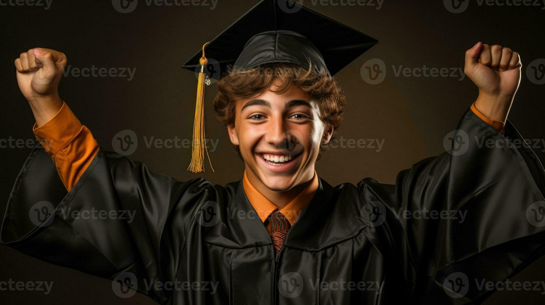 A triumphant youth holding a graduation cap isolated on a gradient background photo