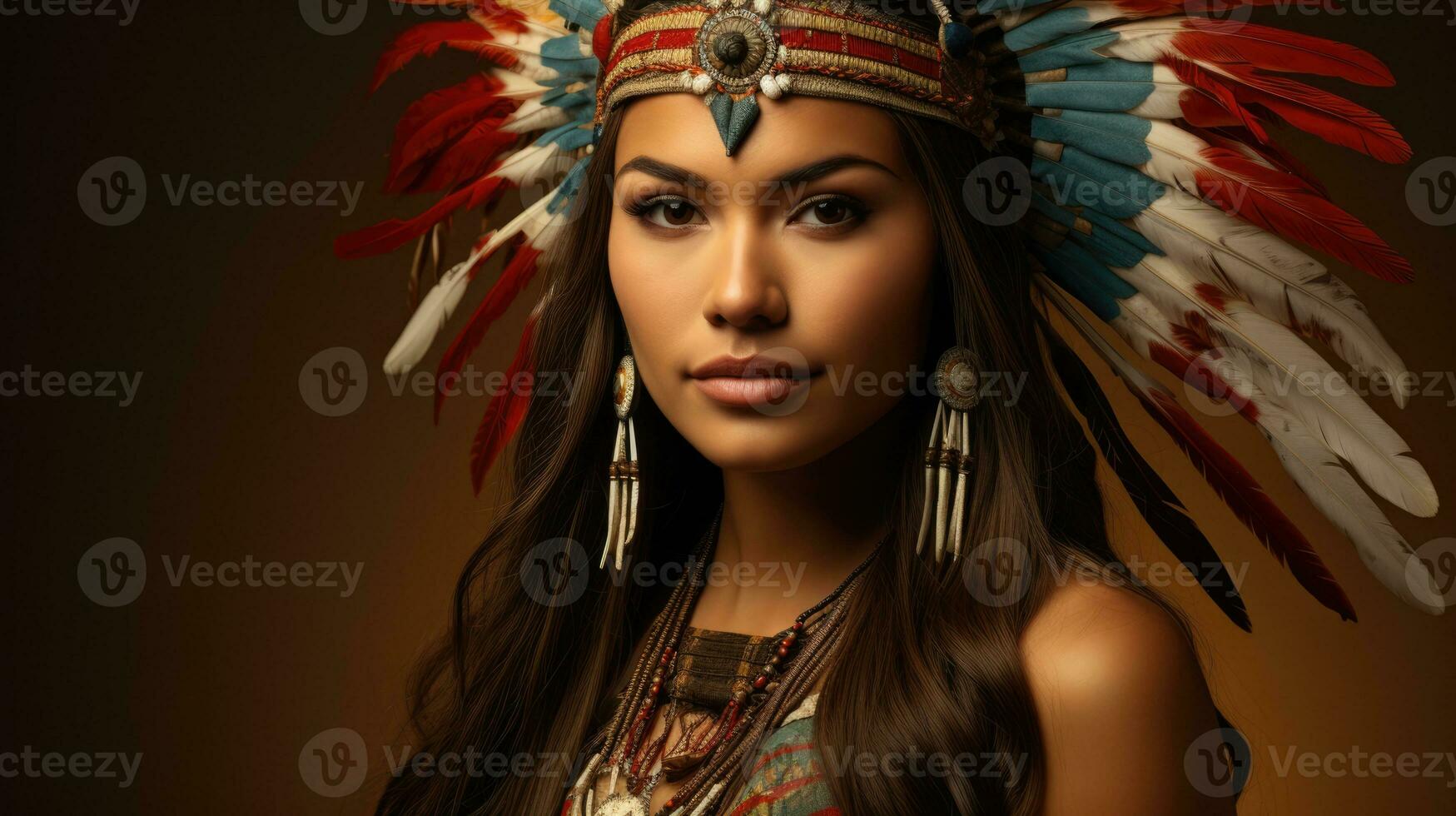 Native American woman in festive regalia isolated on a gradient background photo