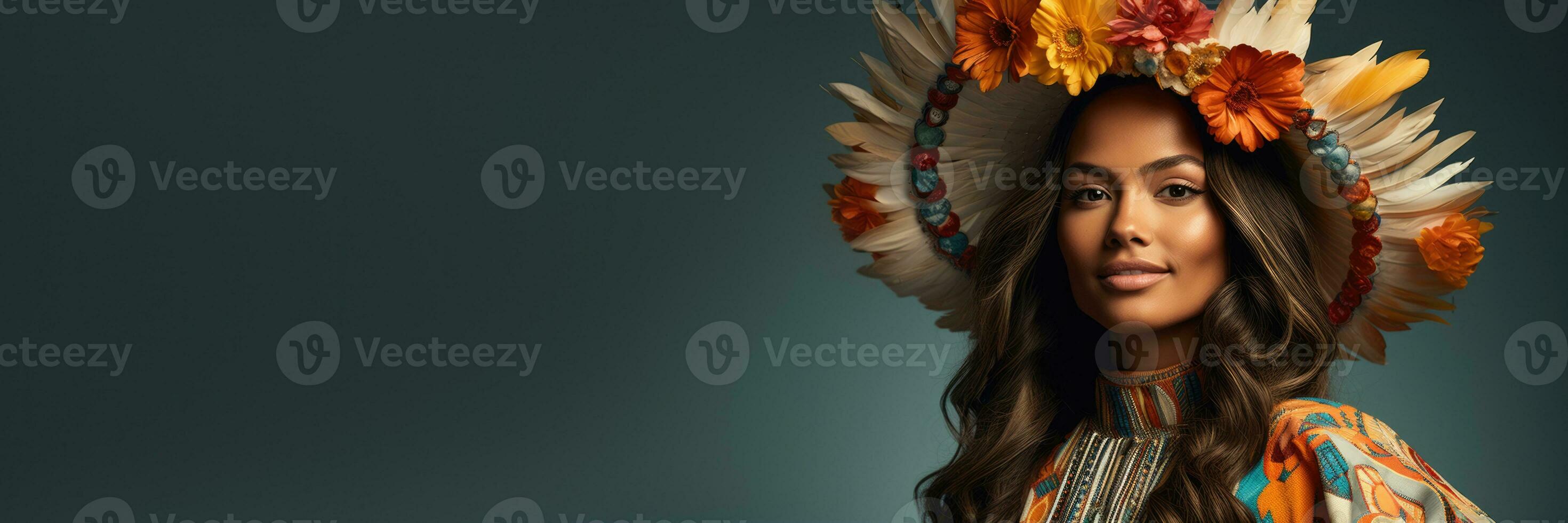 Native American woman in festive regalia isolated on a gradient background photo