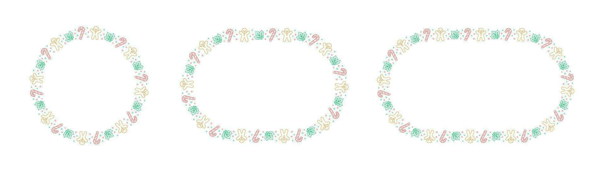 Round Christmas Frame Border set. Gingerbread Cookies, Candy Cane and Mistletoe Pattern Winter Holiday Graphics. Social media post template on white background. Vector illustration.