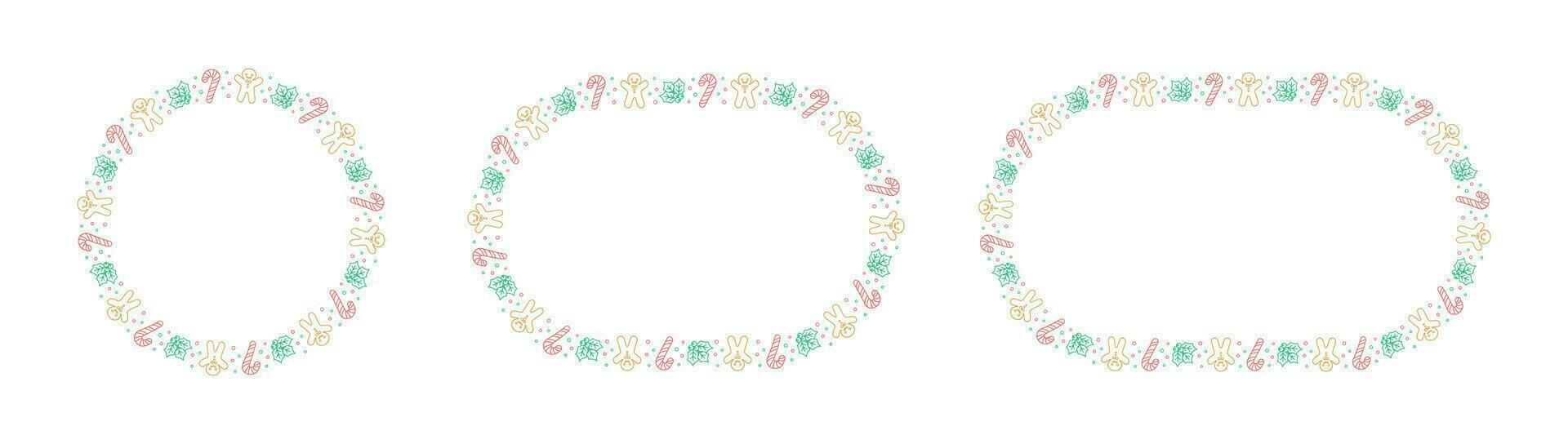 Round Christmas Frame Border set. Gingerbread Cookies, Candy Cane and Mistletoe Pattern Winter Holiday Graphics. Social media post template on white background. Vector illustration.