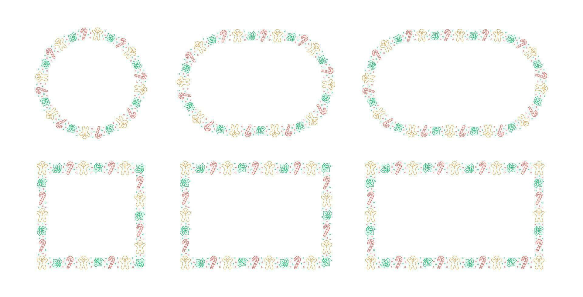 Christmas Frame Border Set. Gingerbread Cookies, Candy Cane and Mistletoe Pattern Winter Holiday Graphics. Social media post template on white background. Vector illustration.