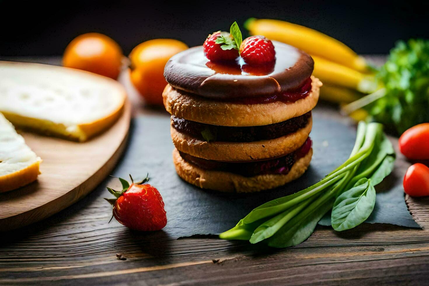 a stack of chocolate covered strawberries and bananas. AI-Generated photo