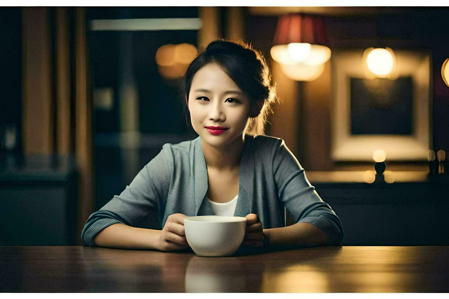 a woman sitting at a table with a cup of coffee. AI-Generated photo