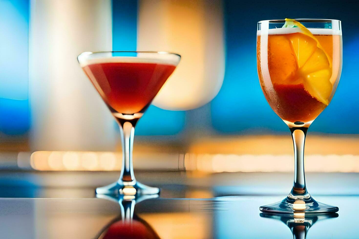 two glasses of cocktails sit on a table. AI-Generated photo