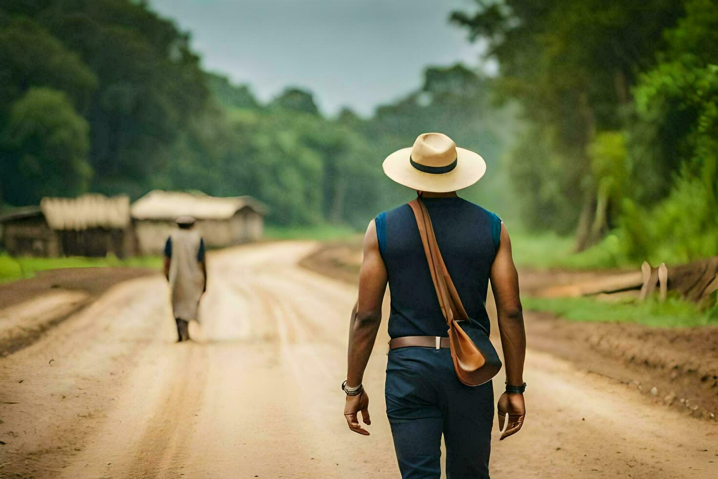 a man walking down a dirt road with a hat on. AI-Generated photo