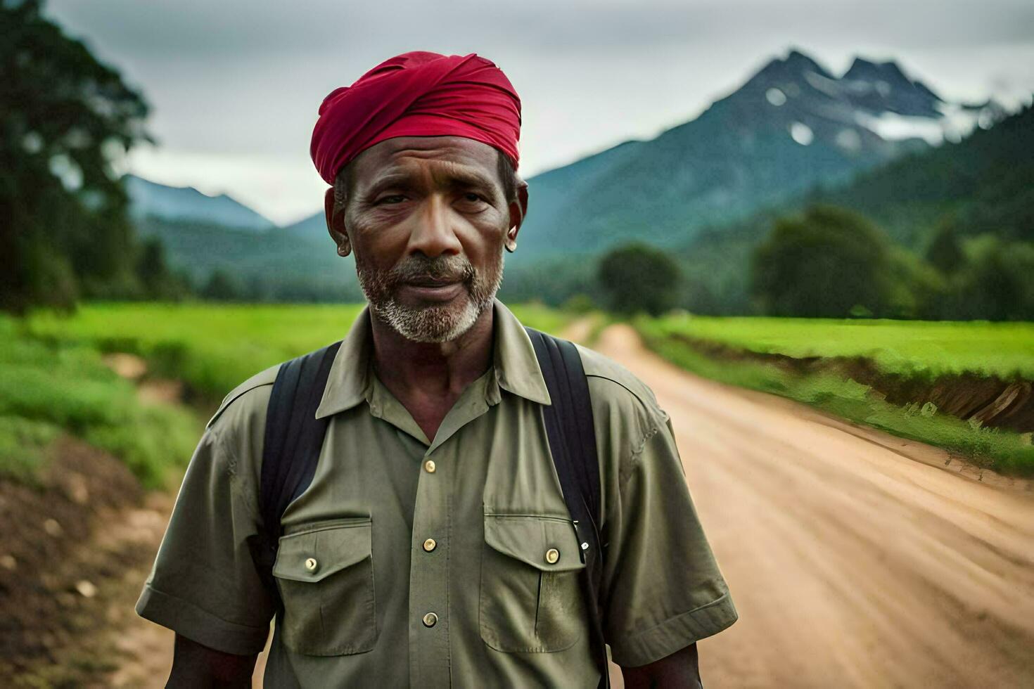 a man in a red turban stands on a dirt road. AI-Generated photo