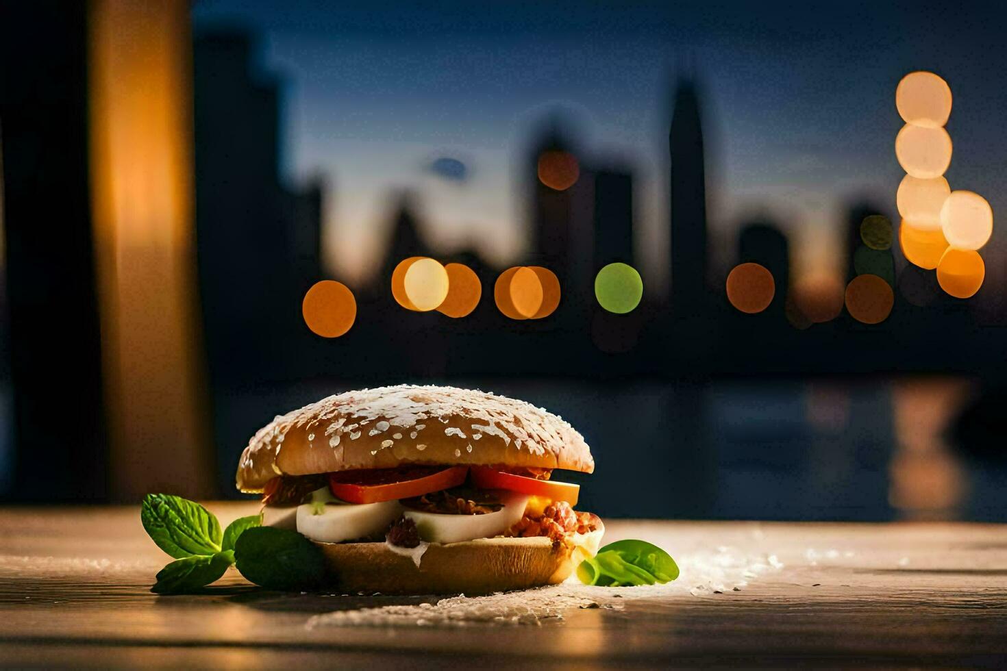 un hamburguesa con tomate, lechuga y queso en un de madera mesa en frente de un ciudad horizonte. generado por ai foto