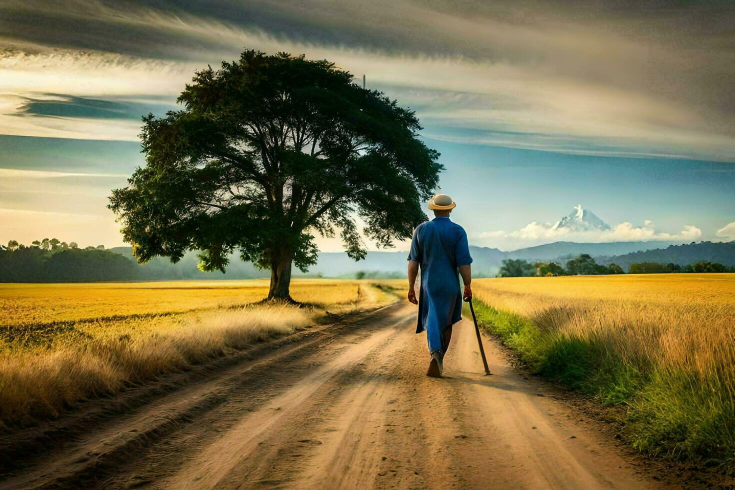 un hombre caminando abajo un suciedad la carretera con un caña. generado por ai foto