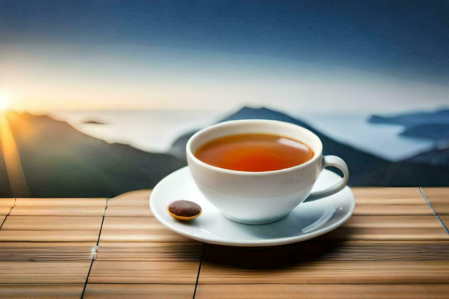 a cup of tea on a wooden table with mountains in the background. AI-Generated photo