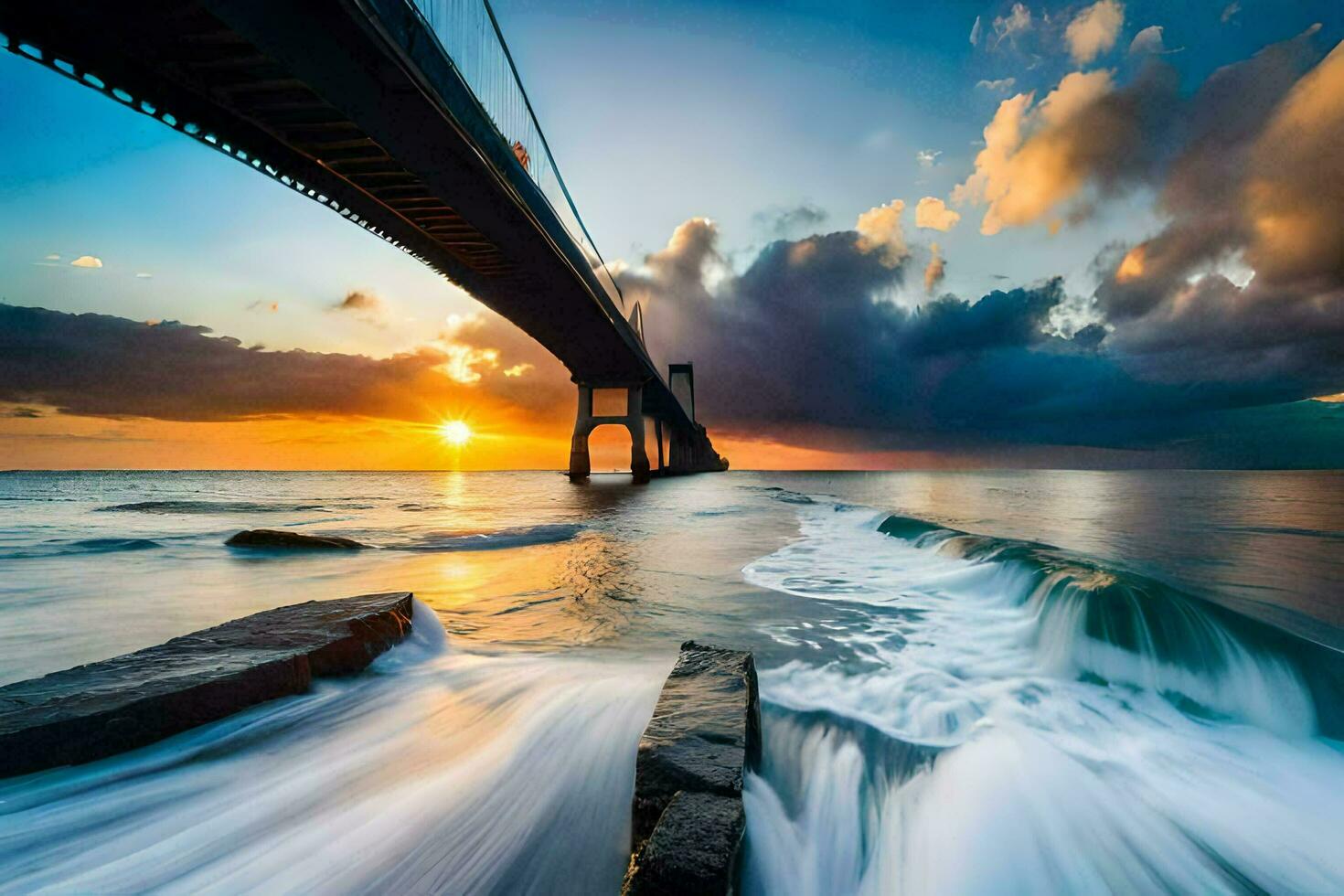 a bridge over the ocean with waves crashing into it. AI-Generated photo