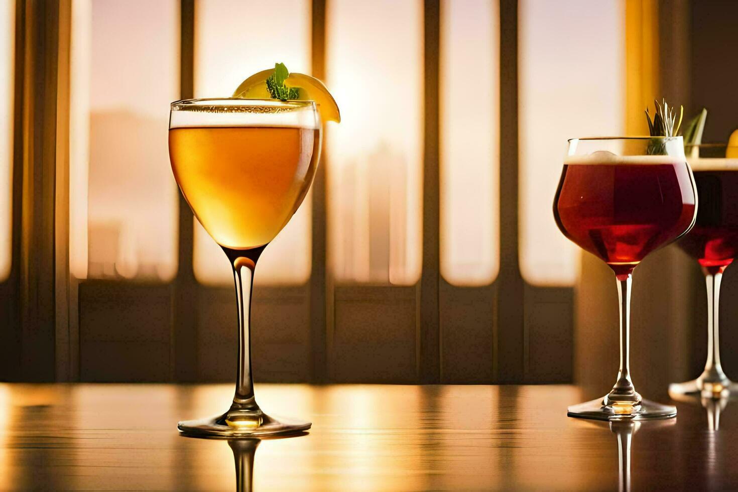 three glasses of different drinks on a table. AI-Generated photo