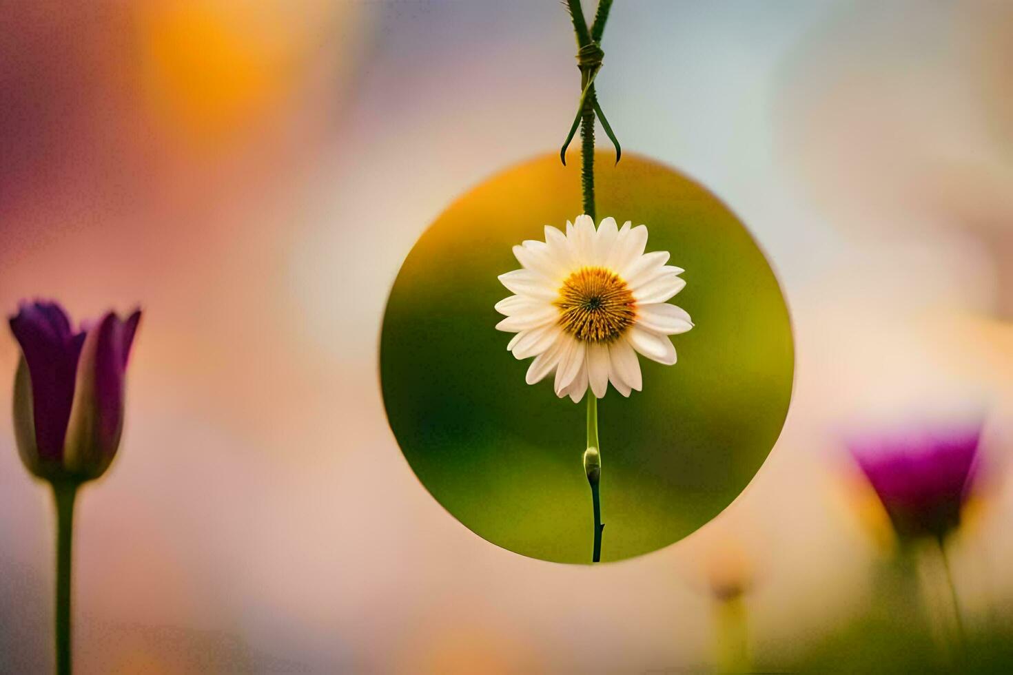 a white flower is hanging from a chain. AI-Generated photo